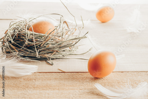 Egg color. Happy Easter decoration: natural colour eggs in basket with spring tulips, white feathers on wooden table background. Foil minimalist egg design, modern design template.