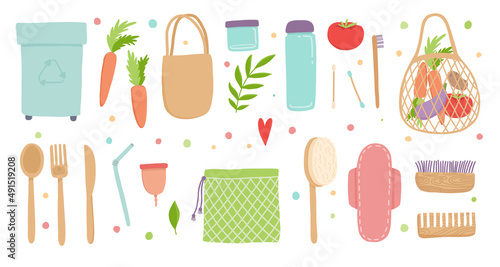 Reusable elements. Bamboo brush, container and shopping bag for fruits and vegetables. Recycling plastic, zero waste and eco bottles and pack, decent vector set.