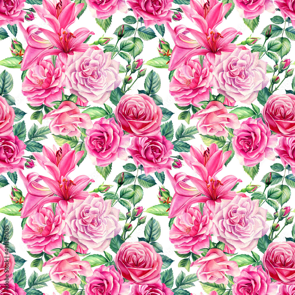 Seamless floral pattern with roses, lilies. Pink watercolor flowers. 