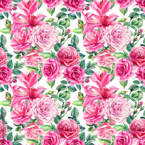Seamless floral pattern with roses  lilies. Pink watercolor flowers. 