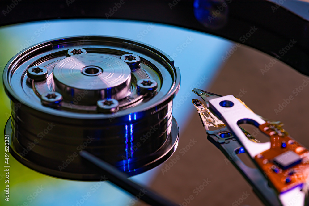 Macro Close up of inside of magnetic Hard Disc Drive Macro Close up of inside of magnetic Hard Disc Drive