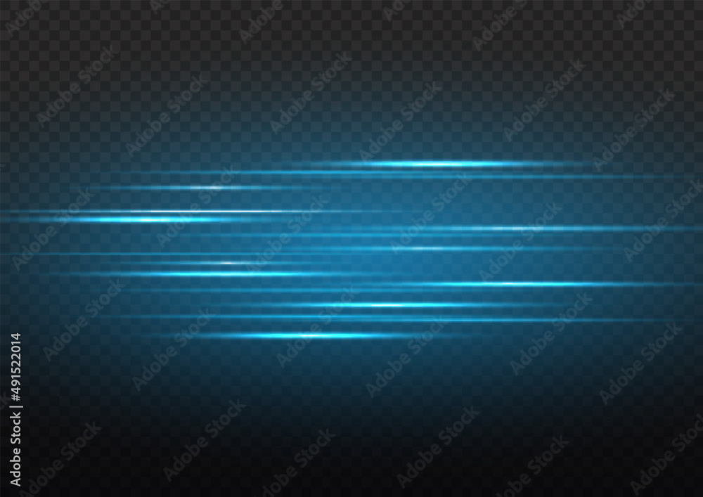 Horizontal light rays, glow speed line, flash blue
