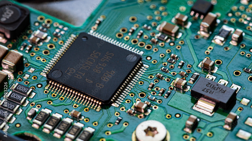 Macro Close up of components and microchips on PC circuit board Macro Close up of components and microchips on PC circuit board