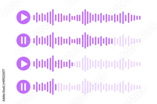 Voice message icons. Audio chat with playing and paused speech sound waves isolated on white background. Messenger, radio, podcast mobile app interface. Vector graphic illustration