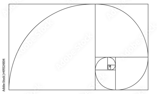 Golden ratio sign. Logarithmic spiral in rectangle. Nautilus shell shape. Leonardo Fibonacci Sequence. Ideal nature symmetry proportions template. Mathematics symbol. Vector outline illustration.