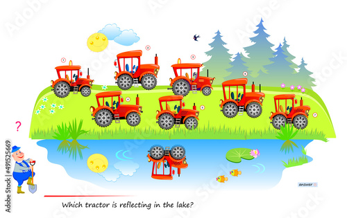 Logic puzzle game for children and adults. Which tractor is reflecting in the lake? Page for brain teaser book. Developing kids spatial thinking. Task for attentiveness. Vector illustration.