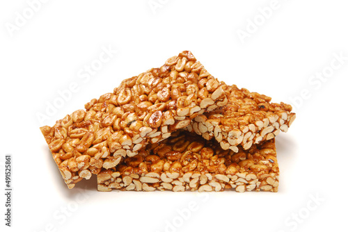 Palanqueta de maní, typical Mexican sweet peanut crunchy palanqueta, on white background with space for text