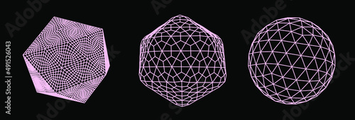 Set of 3D spheres with geometric pattern. Collection of abstract vector elements for logotype template.