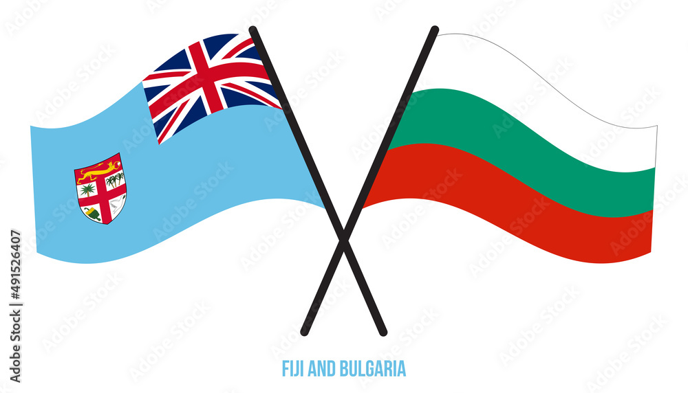Fiji and Bulgaria Flags Crossed And Waving Flat Style. Official Proportion. Correct Colors.