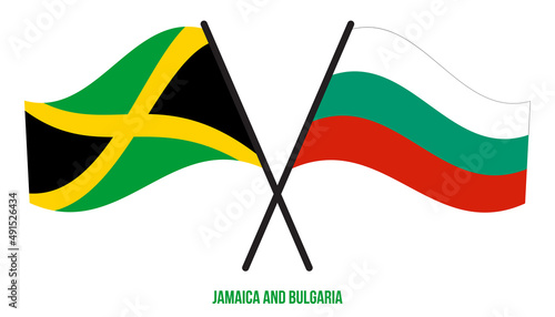 Jamaica and Bulgaria Flags Crossed And Waving Flat Style. Official Proportion. Correct Colors.