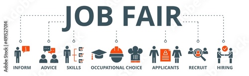 Job fair banner web icon vector illustration concept for employee recruitment and onboarding program with an icon of the information, advice, skills, occupational, applicants, recruit, and hiring