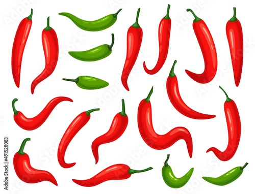 Cartoon red chili and green jalapeno peppers. Spicy vegetable for mexican hot sauce. Serrano and paprika pepper food spice for logo, label or menu icon vector set