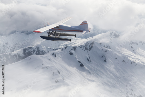 View of Canadian Mountain Landscape with Seaplane Flying. Dramatic Cloudy Sky Art Render. 3d rendering Airplane. Aerial Background image from British Columbia, Canada. Adventure Travel Concept