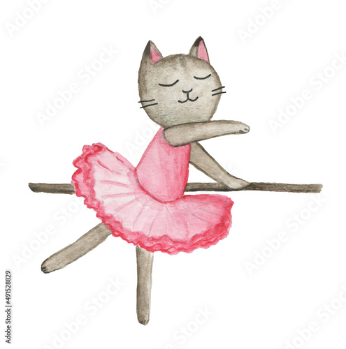Obraz na płótnie Watercolor illustration of cute little kitten dancing ballet dance