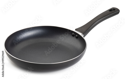 Black metal frying pan isolated on white background
