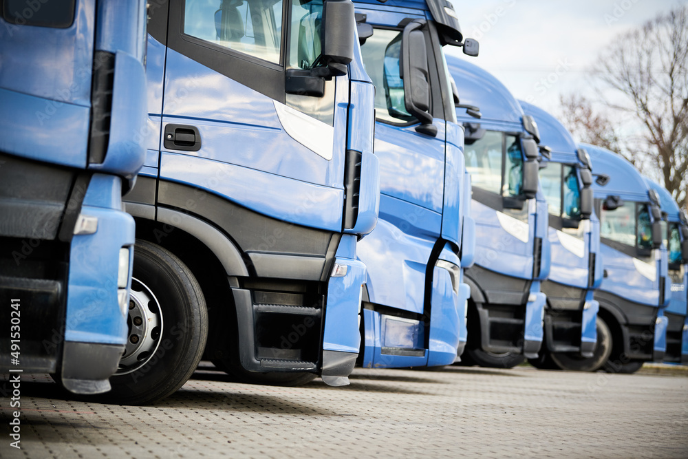 Fleet of commercial lorry trucks in row. Logistics and transportation ...