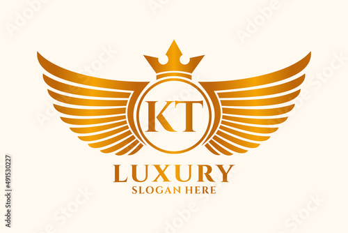 Luxury royal wing Letter KT crest Gold color Logo vector, Victory logo, crest logo, wing logo, vector logo template.