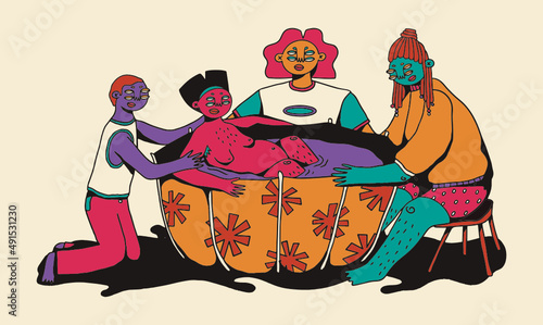 Friends assisting childbirth