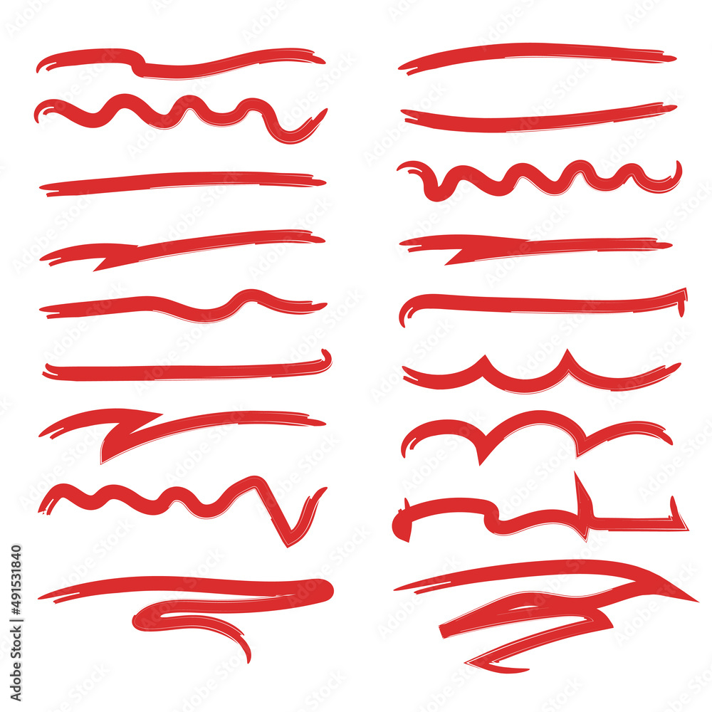 Handmade Collection Set Of Red Underline Vector . Doodle Style