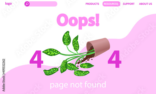 Error 404, page not found. Webpage. Fallen pot with tropical plant and soil. 