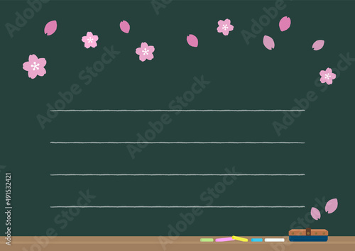 罫桜の花びらが舞う罫線入りのかわいい黒板 - 手描きのかわいい春のお祝いの素材 - A4比率
