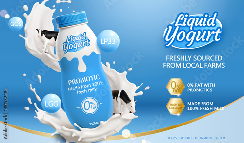 Fotografia 3d liquid yogurt drink ad template