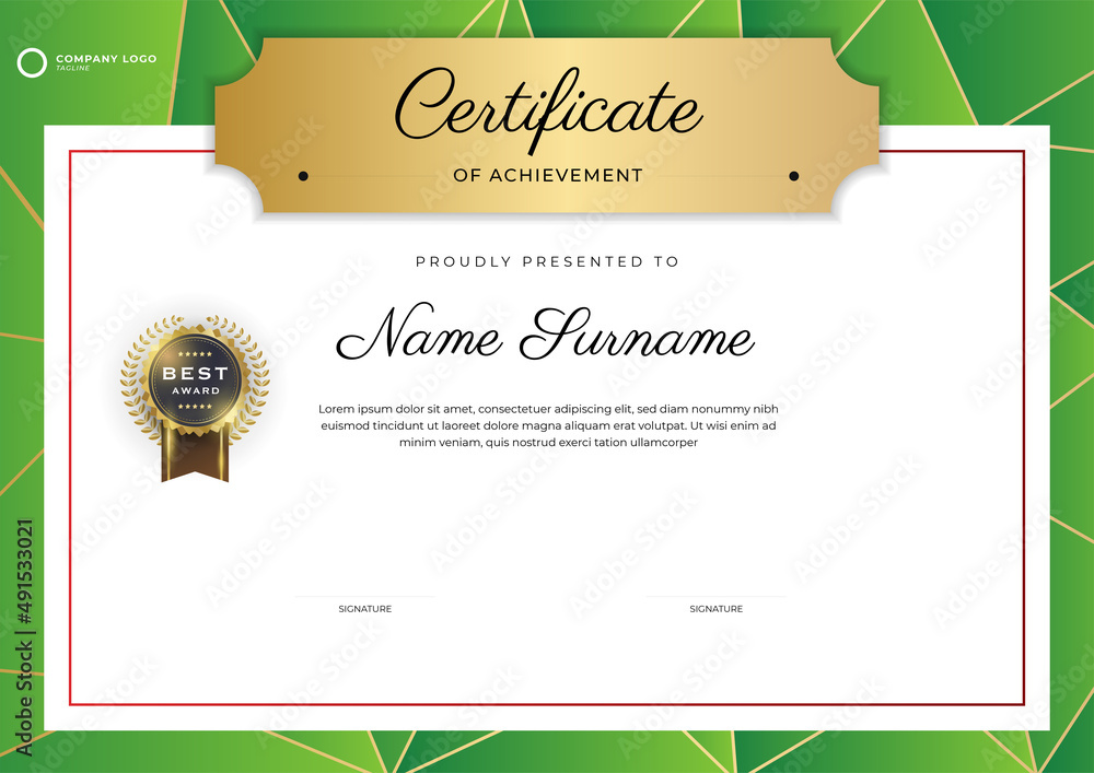 Elegant green and gold certificate of achievement template with gold ...