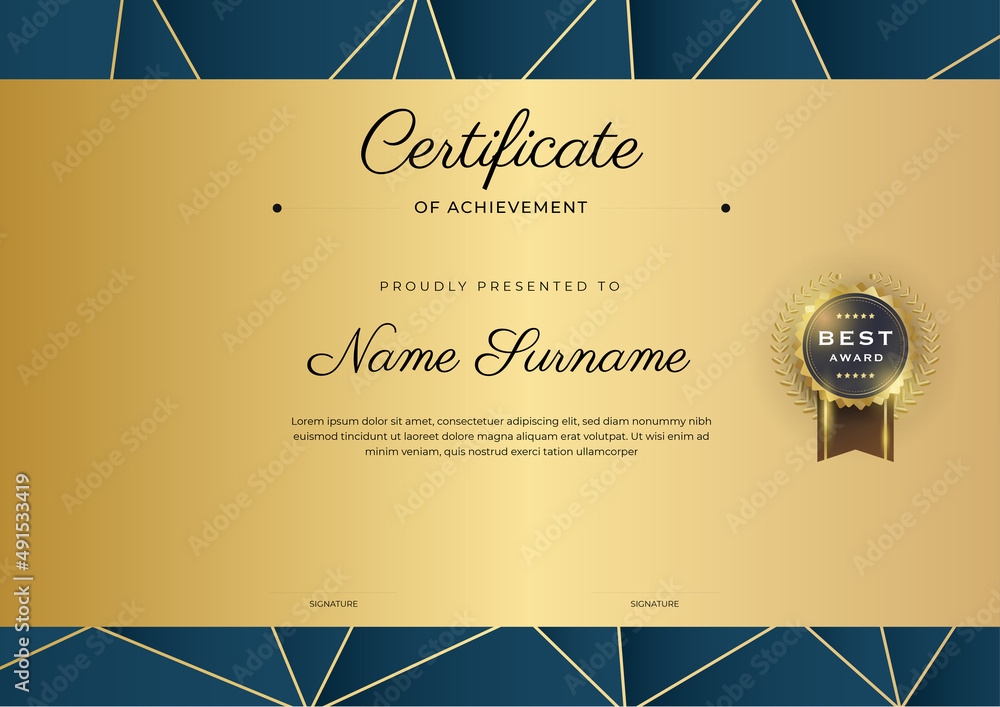Elegant Blue and gold certificate of achievement template with gold ...