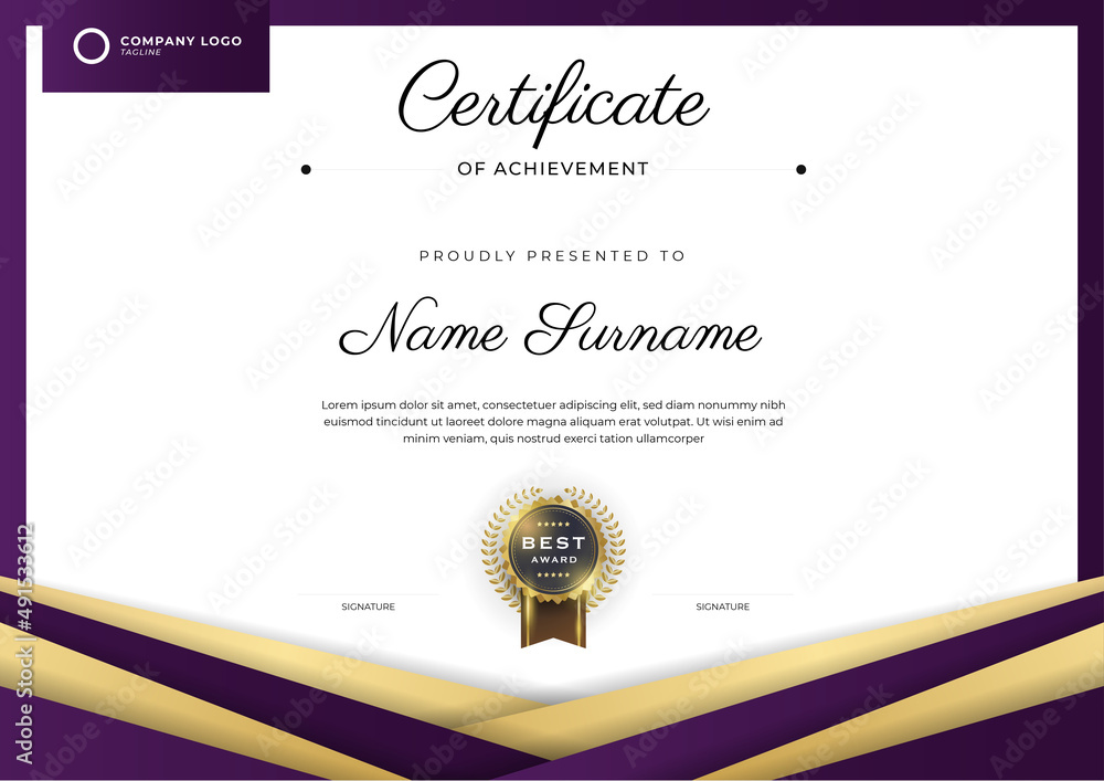 Elegant purple and gold certificate of achievement template with gold ...