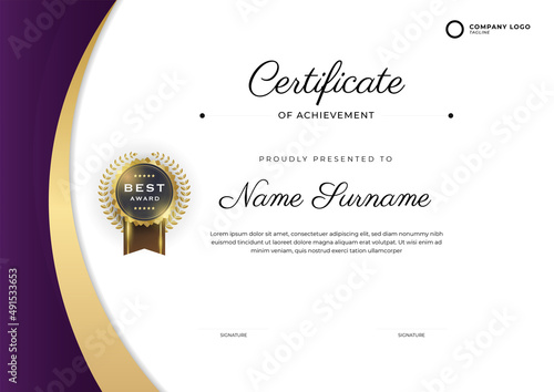 Elegant purple and gold certificate of achievement template with gold badge. Modern background