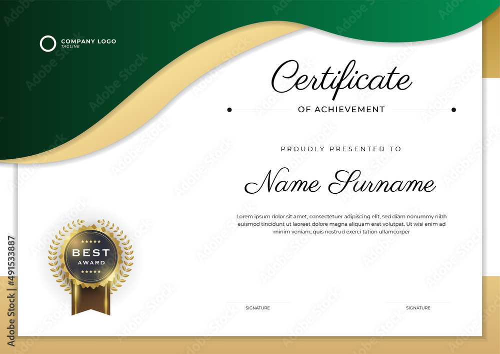 Elegant green and gold certificate of achievement template with gold ...