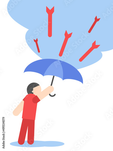 illustration of a person holding a missile with an umbrella. concept of stop war, no war, peace. cartoon style. flat vector