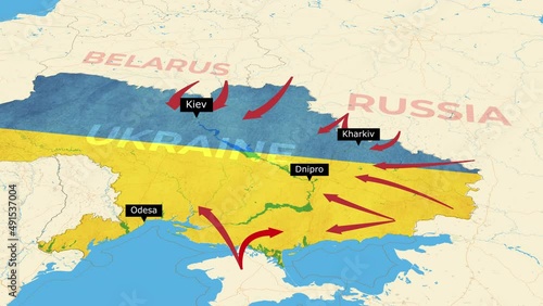 War in Ukraine, Animated map of Russia invasion of Ukraine, the movement of troops. as of February 24, 2022, UHD 4K 3D Renderd