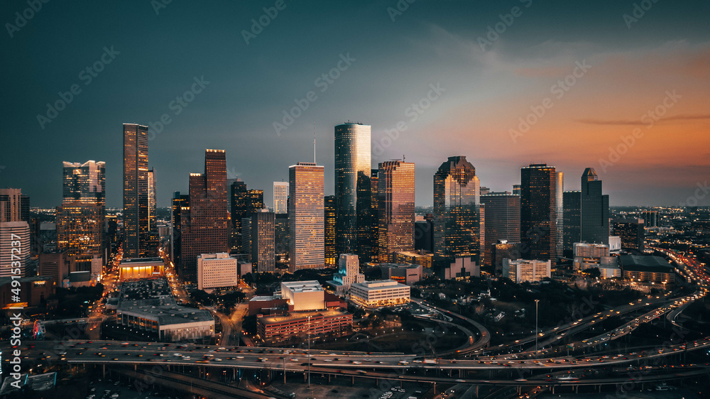 Downtown Houston Skyline at Sunset - obrazy, fototapety, plakaty 