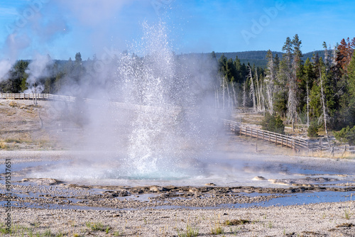 Sawmill Geyser erupts in Yellowstone National Park USA