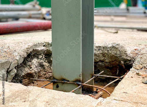 Close up view. The rod of steel pier were assembled in an underground pit with welded steel before pouring cement. For the foundation of pillar.