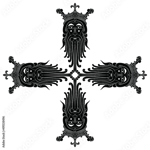 Square cross design with four bearded male heads in royal crowns. Norse god Woden or Odin. Black and white negative silhouette. Isolated vector illustration.
