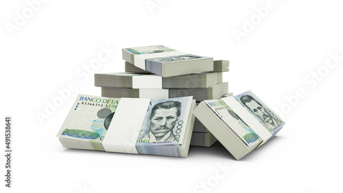 3d rendering of Stack of 20000 Colombian peso notes. bundles of Colombian currency notes isolated on white background