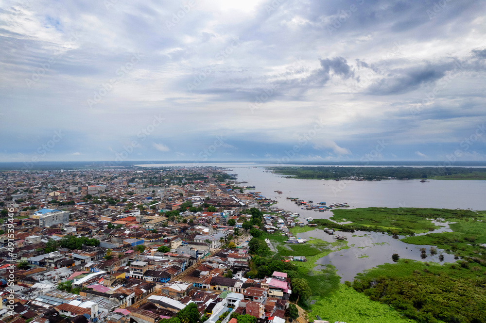 Aerial view of Iquitos, Peru, also known as the Capital of the Peruvian Amazon.  It is also the largest city in the world that is not reachable by road.