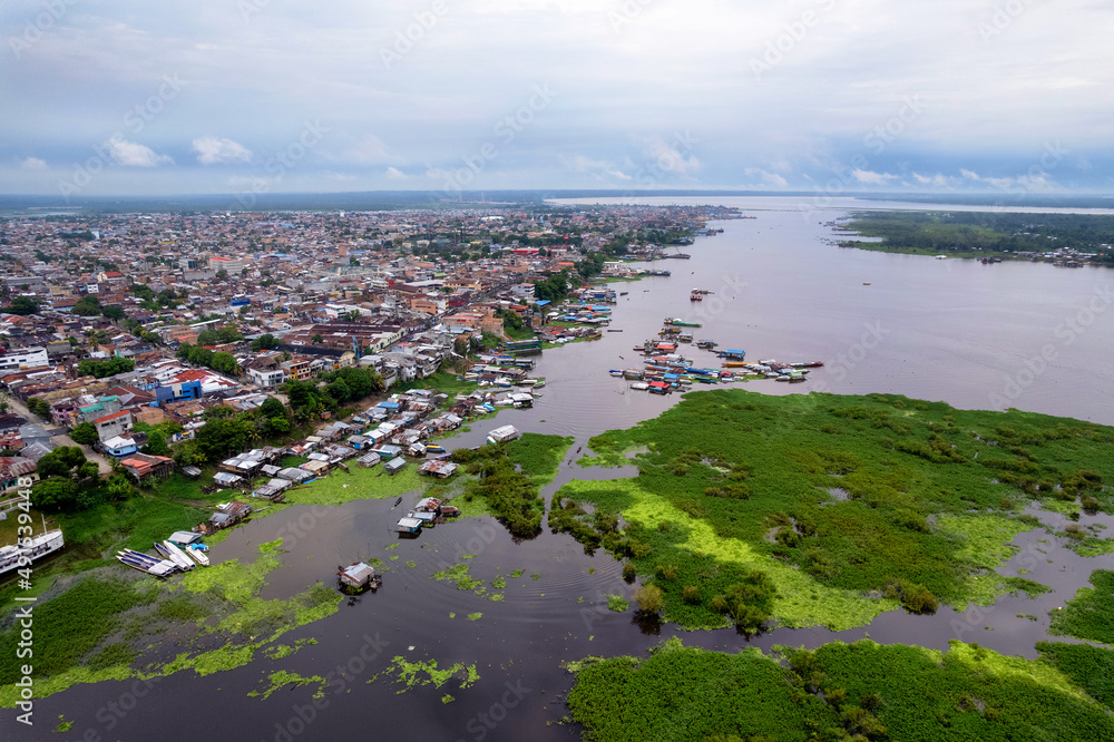 Aerial view of Iquitos, Peru, also known as the Capital of the Peruvian Amazon.  It is also the largest city in the world that is not reachable by road.