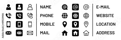 Contact icon set. Containing contact name, phone, mobile, mail, E-mail, website, location and address icon.