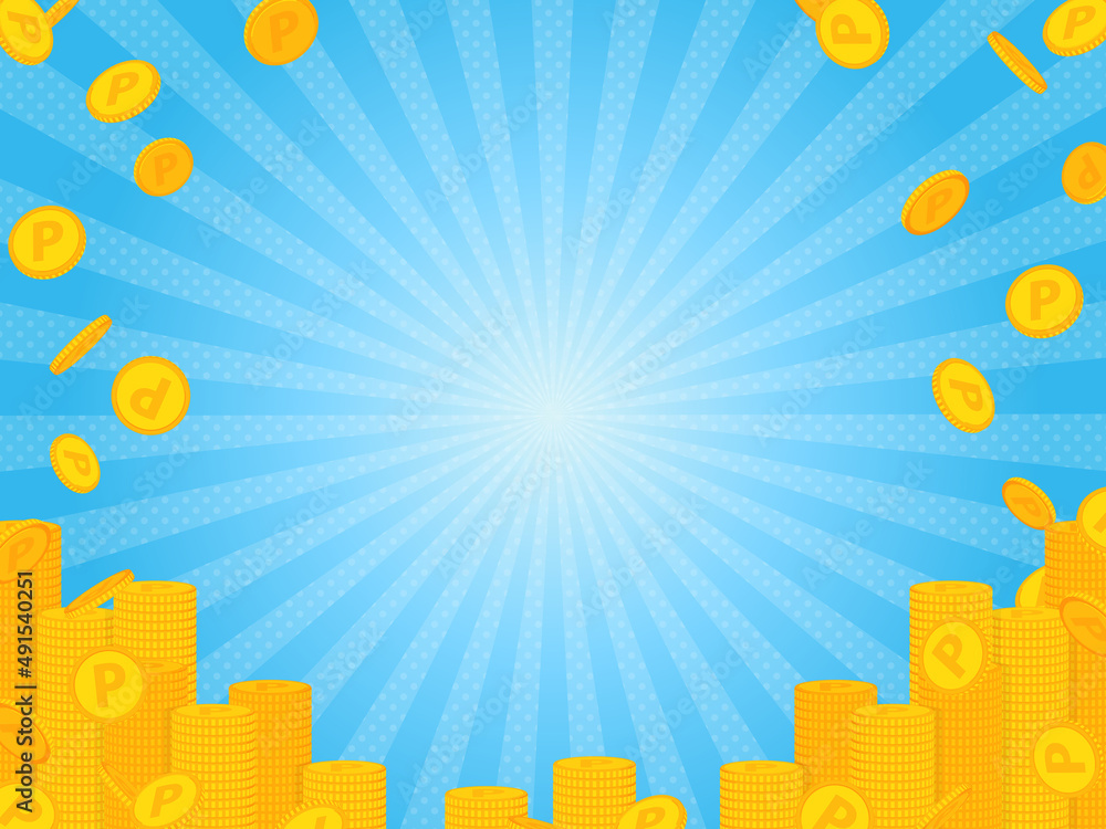 山積みのポイントコイン×集中線の水色背景素材