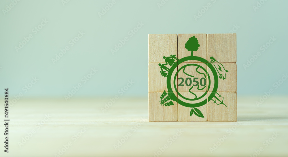 Net zero by 2050. Carbon neutral. Net zero greenhouse gas emissions target. Climate neutral long term strategy. No toxic gases. Hand puts wooden cubes with net zero icon in 2050 on grey background. - obrazy, fototapety, plakaty 