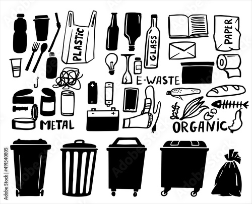 Trash bins with assorted garbage set. Recycling of different materials. Vector silhouette illustration isolated on white background.
