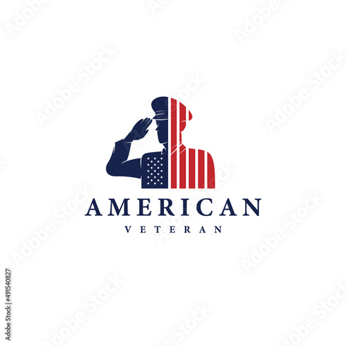 saluting american soldiers with american flag logo design vector