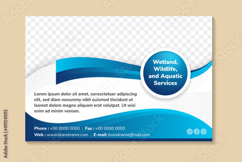 Abstract horizontal banner with blue modern futuristic Science background. aquatic services flyer design template with horizontal layout. dot circle halftone pattern. 
