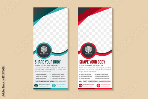 Roll up banner. Creative Fitness sale Vertical Rollup banner design template vector X-banner and Street Fitness Business Flag creative concept or Modern Business Roll-up Banner, stand Print Banner.