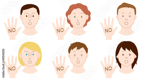 片手を前に突き出し「NO」の意思表示をする人々のイラスト（白背景・ベクター・切り抜き）