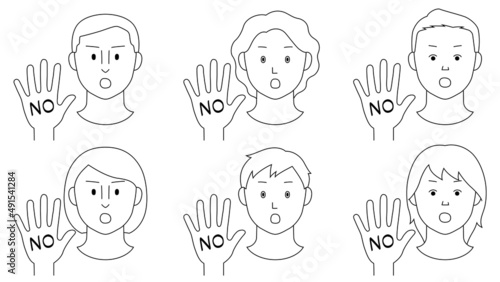 片手を前に突き出し「NO」の意思表示をする人々のイラスト（白背景・ベクター・線画・切り抜き）