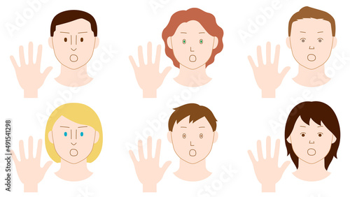片手を前に突き出し「NO」の意思表示をする人々のイラスト（白背景・ベクター・切り抜き）